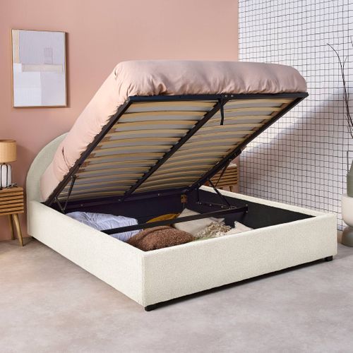 Lit Coffre Avec Sommier à Lattes Et Tête De Lit. Finition Bouclette. Blanc. L216.5 X P174 X H102cm