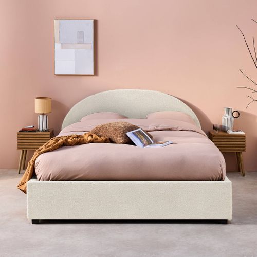 Lit Coffre Avec Sommier à Lattes Et Tête De Lit. Finition Bouclette. Blanc. L216.5 X P174 X H102cm