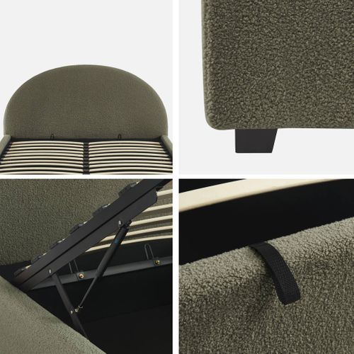 Lit Coffre Avec Sommier à Lattes Et Tête De Lit. Finition Bouclette. Kaki. 140x190 cm