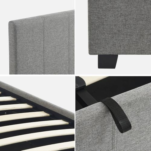 Lit Coffre Avec Sommier à Lattes Et Tête De Lit. Finition Tissu Gris Clair. L 202 X P 148 X H 86cm