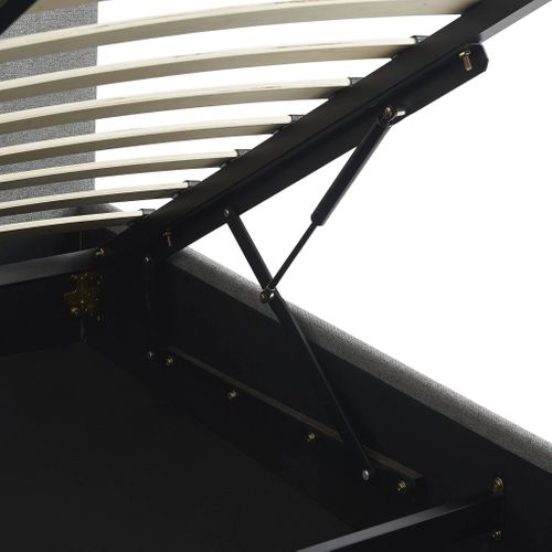 Lit Coffre Avec Sommier à Lattes Et Tête De Lit. Finition Tissu Gris Clair. L 202 X P 148 X H 86cm