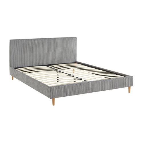 Lit Avec Sommier à Lattes Et Tête De Lit. L 211 X P 167.5 X H 89cm. Gris. Finition Velours Côtelé