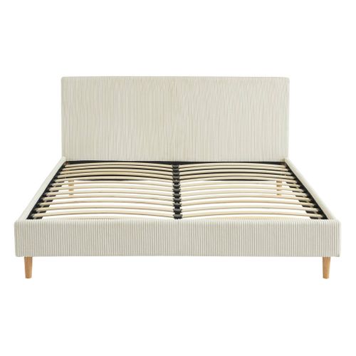 Lit Avec Sommier à Lattes Et Tête De Lit. L 211 X P 167.5 X H 89cm. Blanc. Finition Velours Côtelé