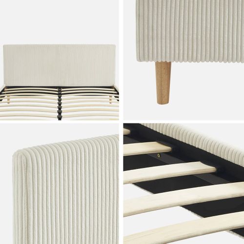 Lit Avec Sommier à Lattes Et Tête De Lit. L 211 X P 167.5 X H 89cm. Blanc. Finition Velours Côtelé