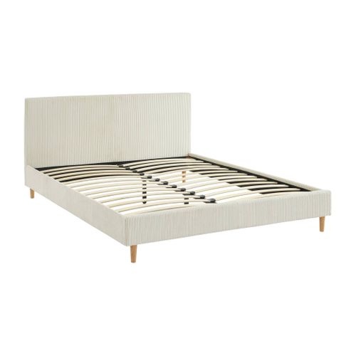 Lit Avec Sommier à Lattes Et Tête De Lit. L 211 X P 167.5 X H 89cm. Blanc. Finition Velours Côtelé