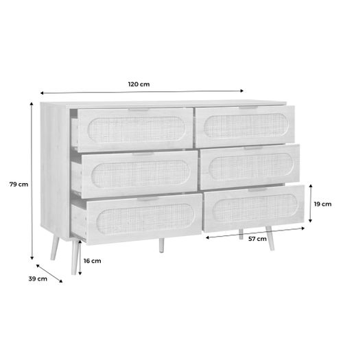 Commode. Eva. 6 Tiroirs. Décor Bois. Cannage Arrondi L 120 X L 39 X H 79cm