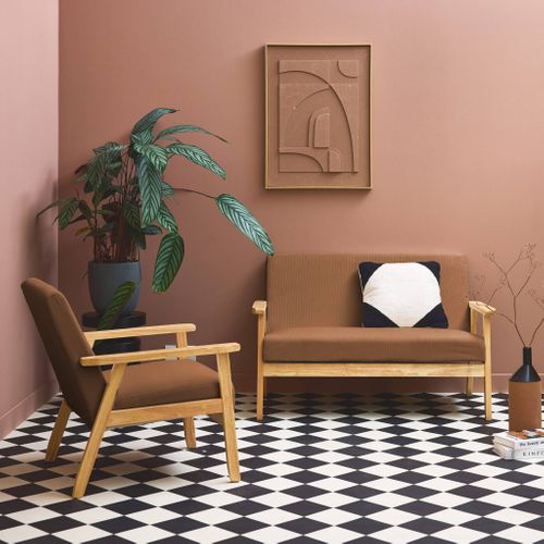 Canapé Banquette 2 Places + Fauteuil Velours Côtelé. Pieds Bois. Marron