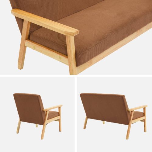 Canapé Banquette 2 Places + Fauteuil Velours Côtelé. Pieds Bois. Marron