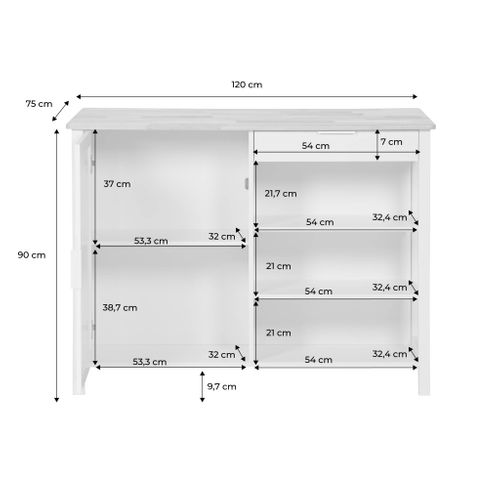 Îlot Central De Cuisine Molene. Plateau En Bois D'hévéa. 120x75cm. Blanc. 5 Étagères. 1 Porte.