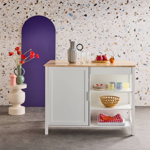 Îlot Central De Cuisine Molene. Plateau En Bois D'hévéa. 120x75cm. Blanc. 5 Étagères. 1 Porte.