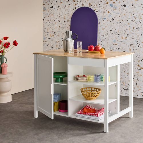 Îlot Central De Cuisine Molene. Plateau En Bois D'hévéa. 120x75cm. Blanc. 5 Étagères. 1 Porte.