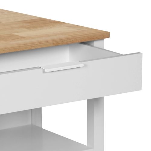 Îlot Central De Cuisine Molene. Plateau En Bois D'hévéa. 120x75cm. Blanc. 5 Étagères. 1 Porte.