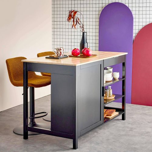 Îlot Central De Cuisine Molene. Plateau En Bois D'hévéa. 120x75cm. Noir. 5 Étagères. 1 Porte.