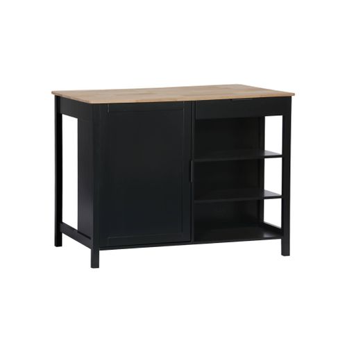 Îlot Central De Cuisine Molene. Plateau En Bois D'hévéa. 120x75cm. Noir. 5 Étagères. 1 Porte.