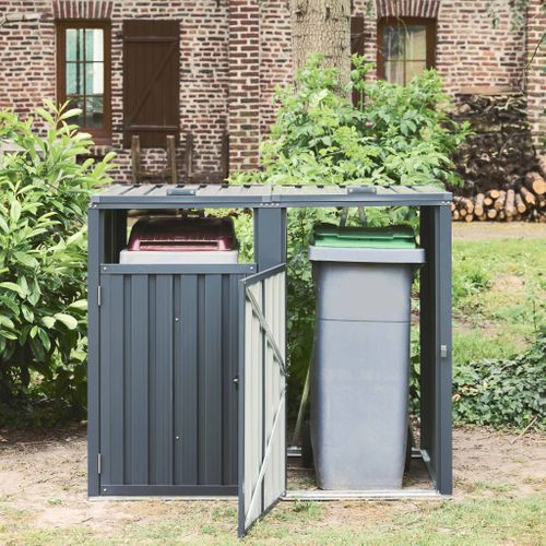 Cache Poubelle Gris En Acier Galvanisé. 2 Places L 146 X P 82 X H 124 Cm