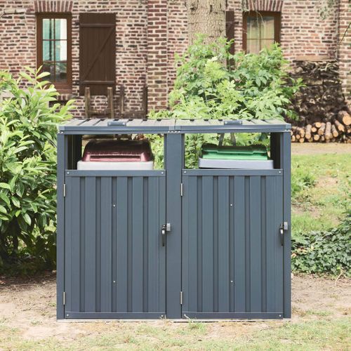 Cache Poubelle Gris En Acier Galvanisé. 2 Places L 146 X P 82 X H 124 Cm