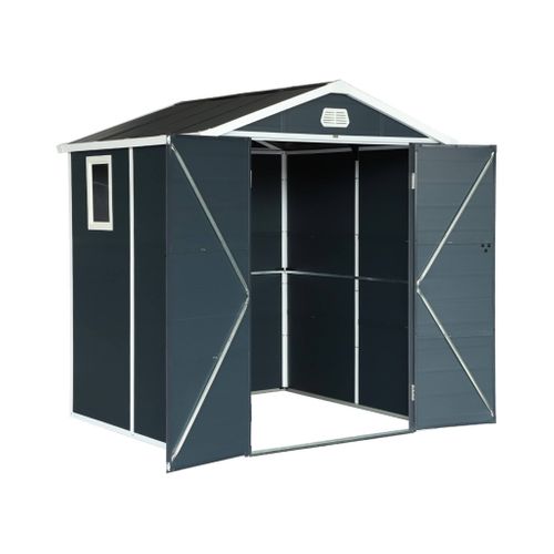 Abri De Jardin Plastique 3.65 M². Anthracite. Acier Et Aluminium. Toiture En Double Pente Et Grande
