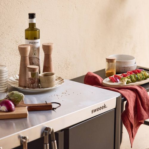 Desserte Extérieure Andy Noire Mat En Acier Inoxydable 94.5 Cm Avec Tablette Rabattable. L 156 X L