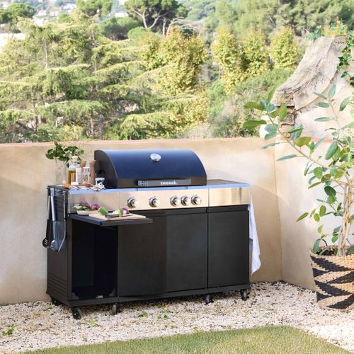 Barbecue Gaz 4 Brûleurs + 1 Feu Latéral Maxim Noir. Acier. Thermomètre Intégré. Récupérateur De