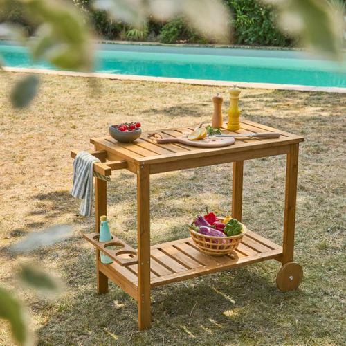 Desserte Extérieure 95 Cm En Bois Avec Roues Et Poignée. Bois Naturel. L 95 X L 47 X H 74cm