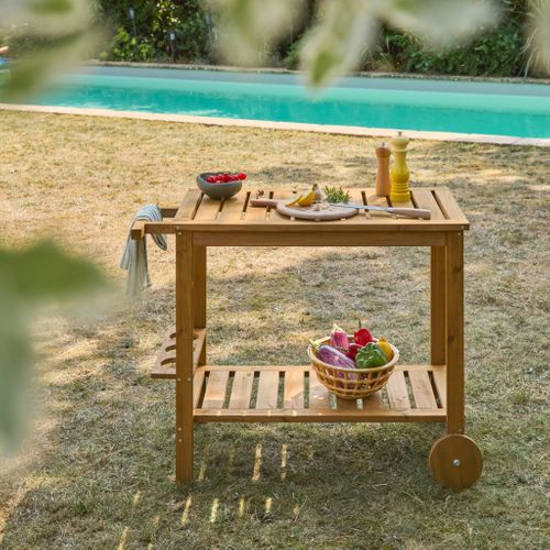 Desserte Extérieure 95 Cm En Bois Avec Roues Et Poignée. Bois Naturel. L 95 X L 47 X H 74cm