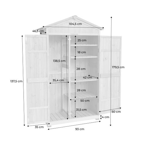 Abri De Jardin 105 Cm En Bois. 6 Espaces De Rangement. L 105x P 55.5 X H 178.5cm