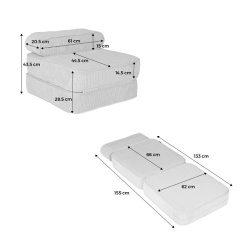 Fauteuil Enfant En Velours Côtelé Dépliable. Couleur Crème. L 66 X P 62 X H 43.5 Cm