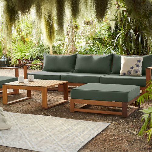 Salon De Jardin En Bois 5 Places - Kaki. Canapé. Fauteuils Et Table Basse En Acacia. 6 Éléments
