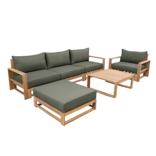 Salon De Jardin En Bois 5 Places - Kaki. Canapé. Fauteuils Et Table Basse En Acacia. 6 Éléments