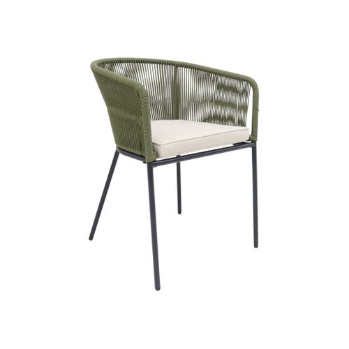 Lot De 4 Fauteuils De Jardin En Corde Kaki Et Acier Galvanisé. Coussins Beige