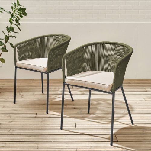Lot De 2 Fauteuils De Jardin En Corde Kaki Et Acier Galvanisé. Coussins Beige