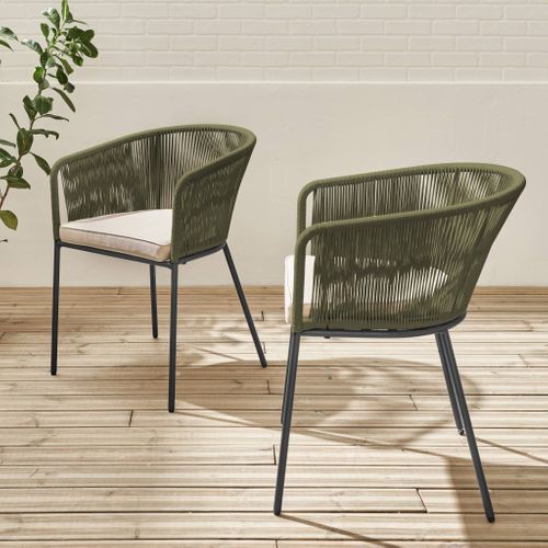 Lot De 2 Fauteuils De Jardin En Corde Kaki Et Acier Galvanisé. Coussins Beige