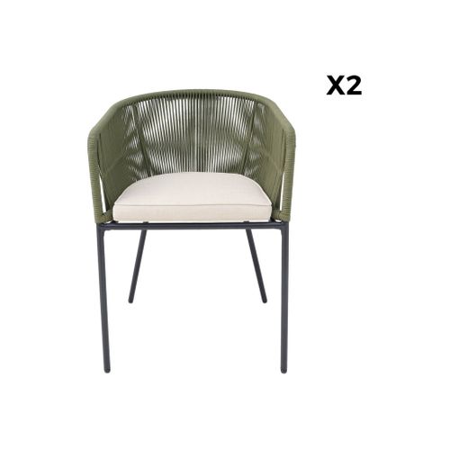 Lot De 2 Fauteuils De Jardin En Corde Kaki Et Acier Galvanisé. Coussins Beige