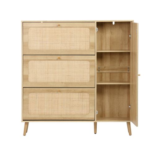 Meuble à Chaussure Cannage Bohème Naturel. 3 Abattants. 1 Porte. 21 Paires. 120 X 24 X 125 Cm