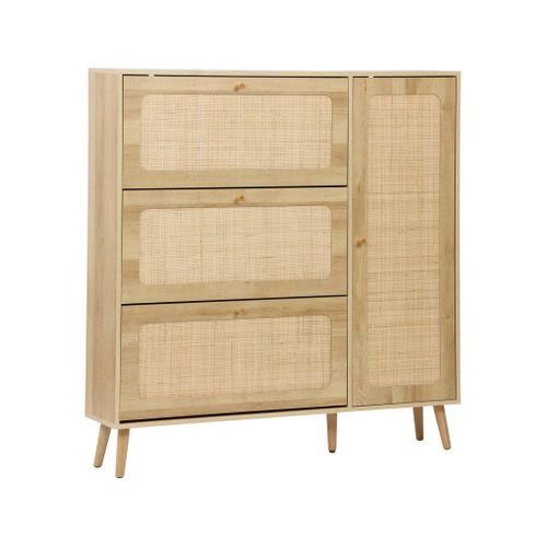 Meuble à Chaussure Cannage Bohème Naturel. 3 Abattants. 1 Porte. 21 Paires. 120 X 24 X 125 Cm
