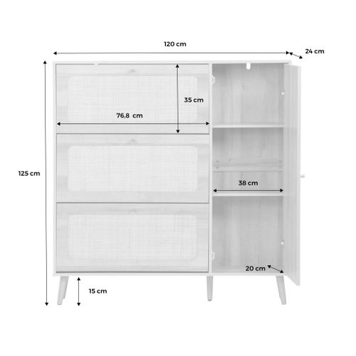 Meuble à Chaussure Cannage Bohème Naturel. 3 Abattants. 1 Porte. 21 Paires. 120 X 24 X 125 Cm