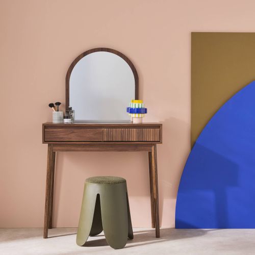 Coiffeuse Décor Bois Linear Miroir Arrondi 2 Tiroirs 90 Cm. Façade Striée. Noyer