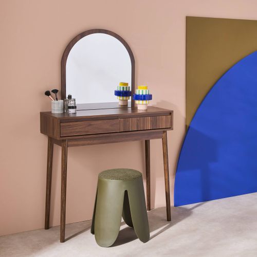 Coiffeuse Décor Bois Linear Miroir Arrondi 2 Tiroirs 90 Cm. Façade Striée. Noyer