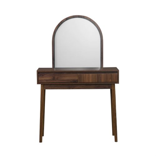 Coiffeuse Décor Bois Linear Miroir Arrondi 2 Tiroirs 90 Cm. Façade Striée. Noyer