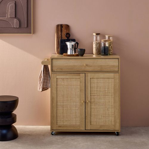 Desserte De Cuisine Boheme Décor Bois Et Cannage 1 Poignée 1 Tiroir 2 Portes 4 Roues. Naturel