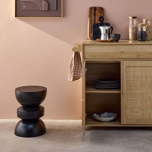 Desserte De Cuisine Boheme Décor Bois Et Cannage 1 Poignée 1 Tiroir 2 Portes 4 Roues. Naturel