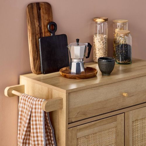 Desserte De Cuisine Boheme Décor Bois Et Cannage 1 Poignée 1 Tiroir 2 Portes 4 Roues. Naturel