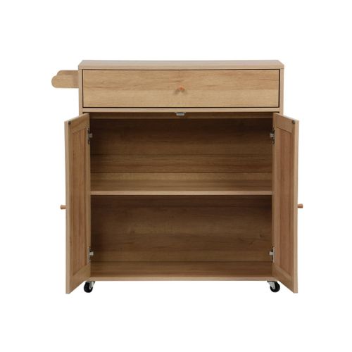 Desserte De Cuisine Boheme Décor Bois Et Cannage 1 Poignée 1 Tiroir 2 Portes 4 Roues. Naturel