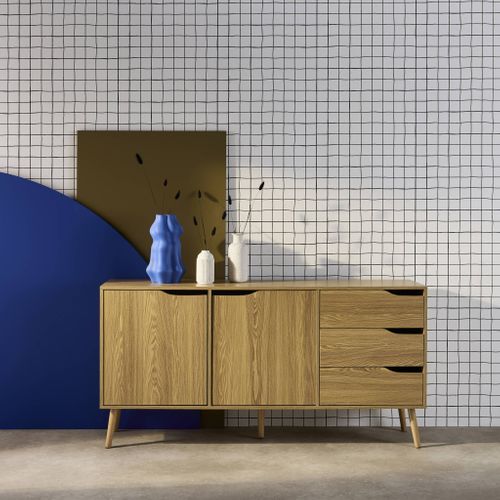 Buffet De Rangement Scandinave. Buffet Haut. Vaisselier. 2 Portes. 3 Tiroirs. Effet Frêne. 160cm