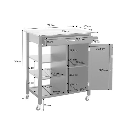 Desserte De Cuisine Blanche Bendor Plateau En Bois D'hévéa. 83 X 47 X 91 Cm. 1 Poignée. 4 Roues. 1