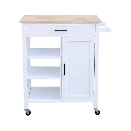 Desserte De Cuisine Blanche Bendor Plateau En Bois D'hévéa. 83 X 47 X 91 Cm. 1 Poignée. 4 Roues. 1