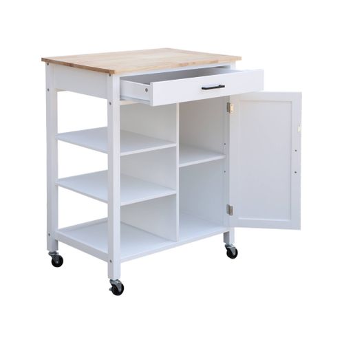 Desserte De Cuisine Blanche Bendor Plateau En Bois D'hévéa. 83 X 47 X 91 Cm. 1 Poignée. 4 Roues. 1