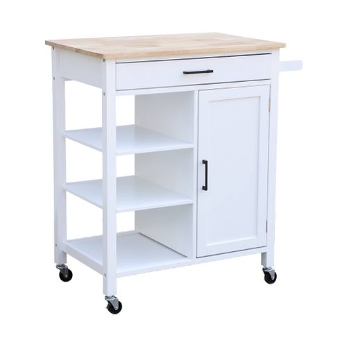 Desserte De Cuisine Blanche Bendor Plateau En Bois D'hévéa. 83 X 47 X 91 Cm. 1 Poignée. 4 Roues. 1