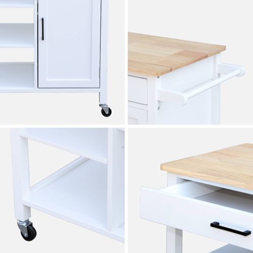 Desserte De Cuisine Blanche Bendor Plateau En Bois D'hévéa. 83 X 47 X 91 Cm. 1 Poignée. 4 Roues. 1