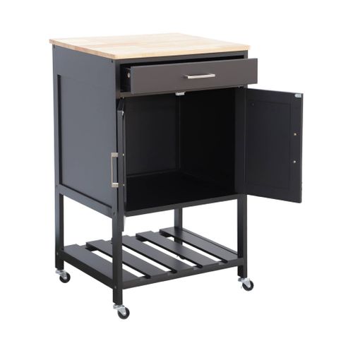 Desserte De Cuisine Noire Bendor Plateau En Bois D'hévéa. 56 X 46 X 90 Cm. 4 Roues. 1 Tiroir. 2